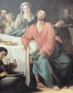 Gesù presente alle nozze di Cana trasforma l’acqua in vino.